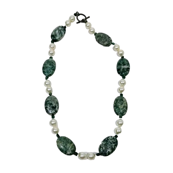 Necklace Natural Polished Stone & Faux Pearls 21" - Picture 1 of 2